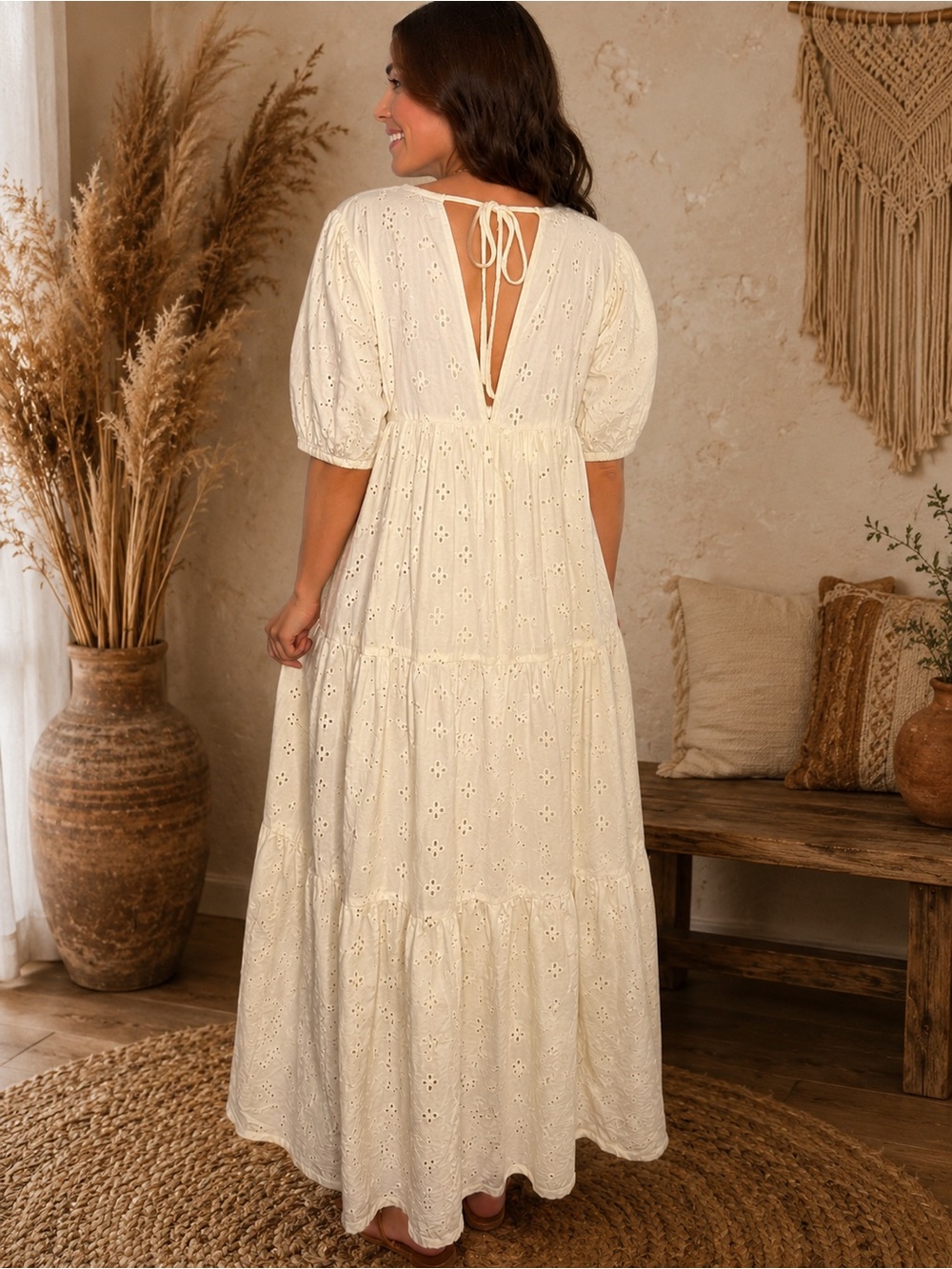 ASOS DESIGN crochet insert broderie midi dress in natural - Picture 2 of 8